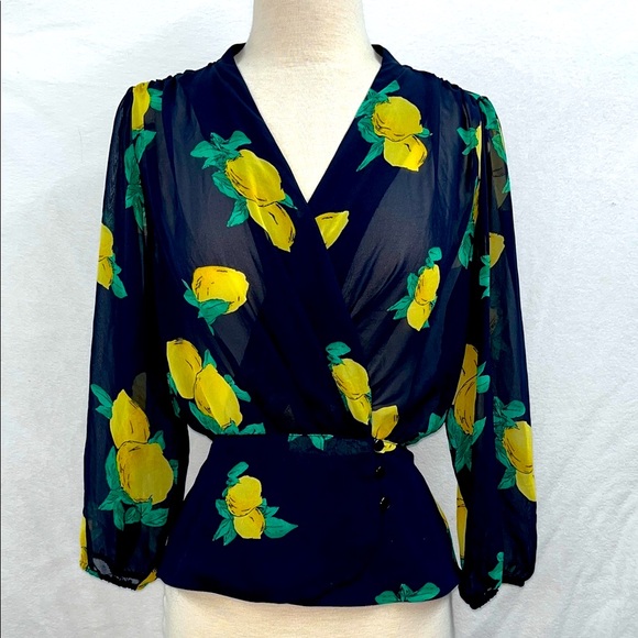 eva mendes for New York & Company Tops - Navy Sheer Wrap Blouse with Lemon Pattern